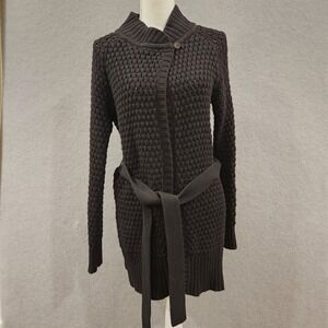 Eddie Bauer Womens Long Sleeve Belted Cardigan Sweater Knit Dark Brown Size M